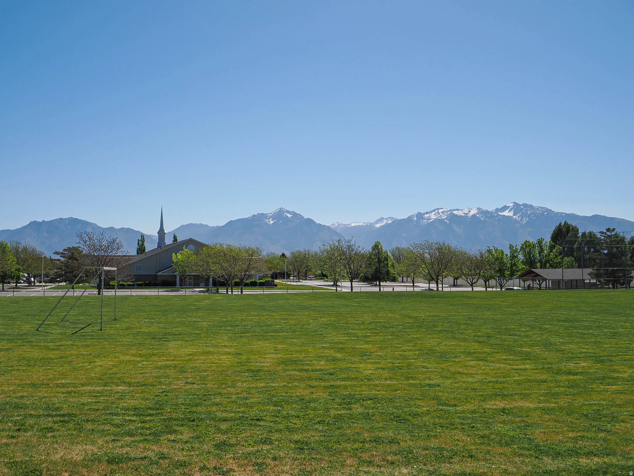 Expansive green field with distant snow-capped mountains