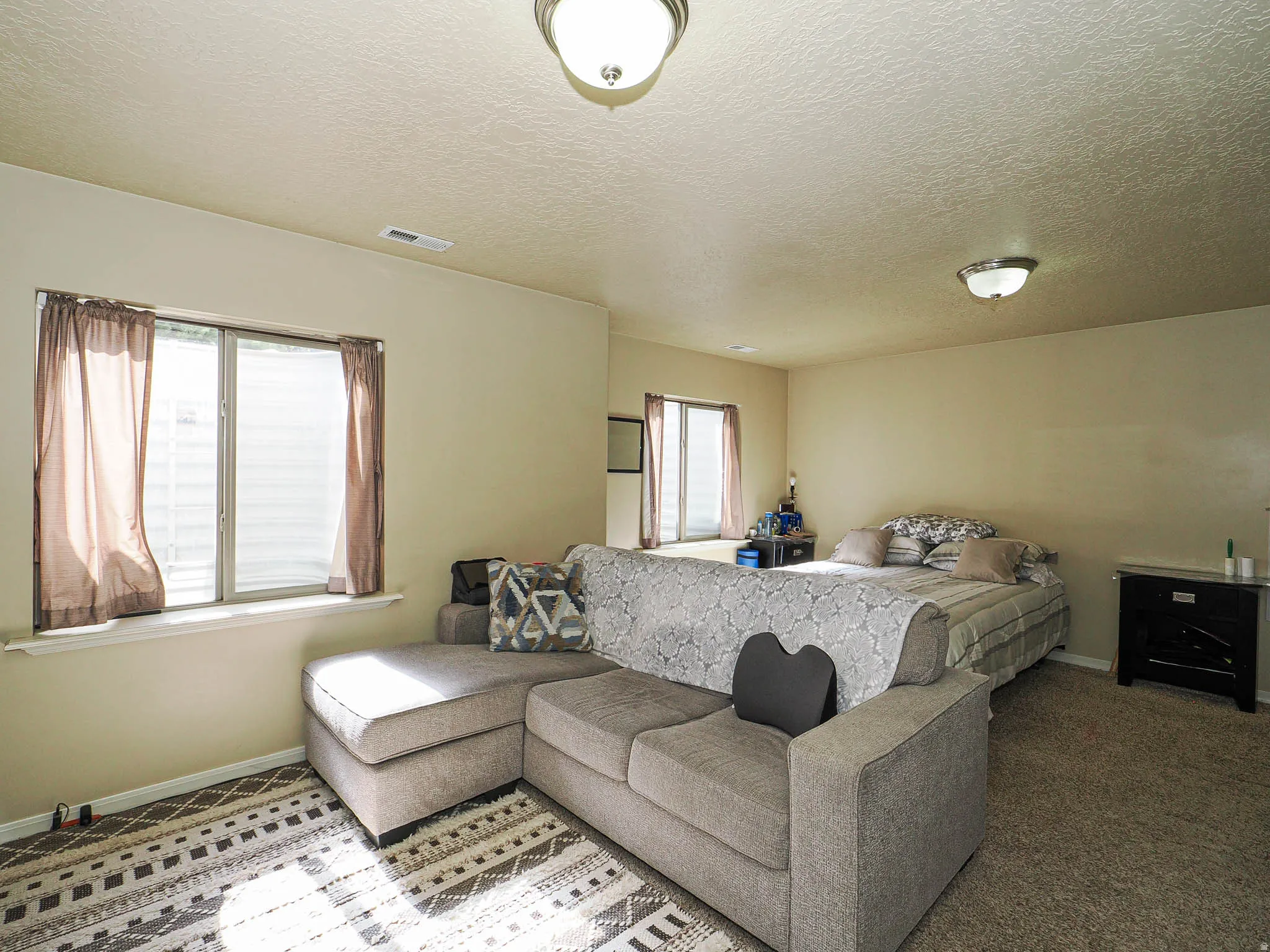 Carpeted room featuring two windows with blinds and ceiling-mounted light fixtures