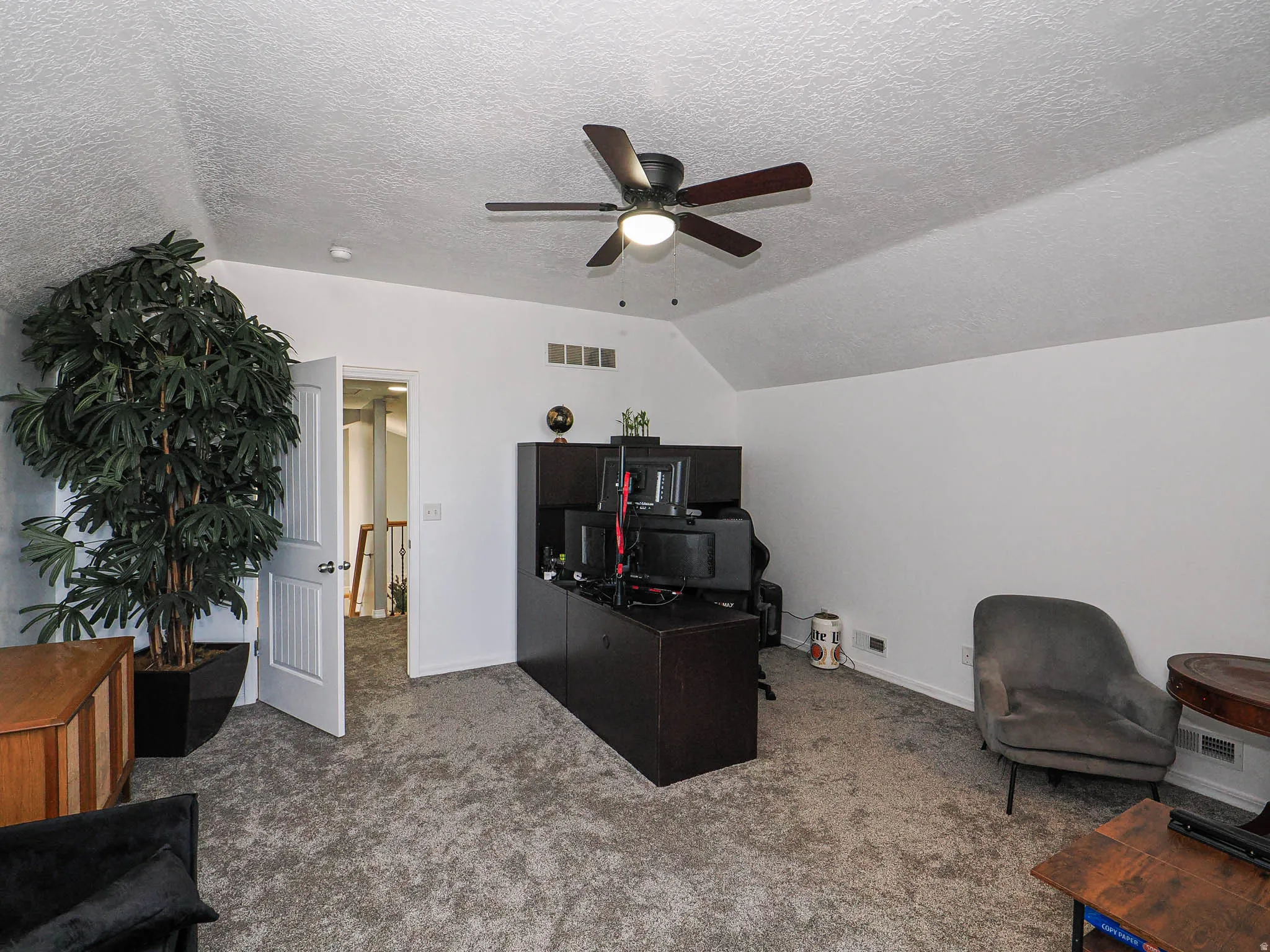 Vaulted ceiling room with textured carpet flooring