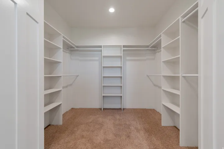 Walk-in closet featuring built-in shelving, hanging rods, carpet flooring, and a recessed ceiling light