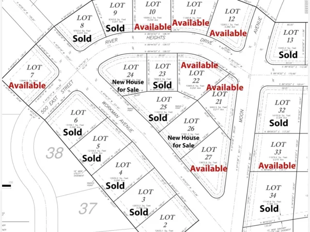 Plat Map. Illustrating lot boundaries, dimensions, and availability status for multiple properties