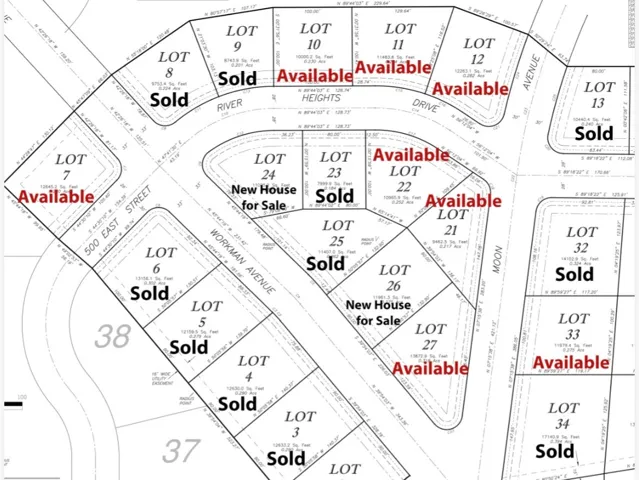 Plat Map. Illustrating lot boundaries, dimensions, and availability status for multiple properties