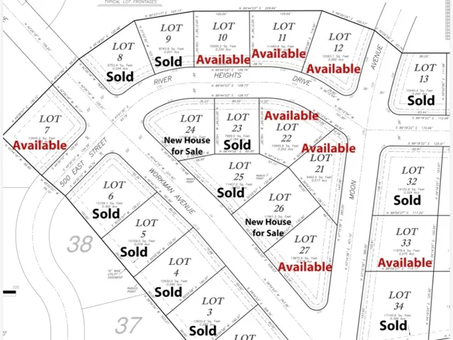 Plat Map. Illustrating lot boundaries, dimensions, and availability status for multiple properties