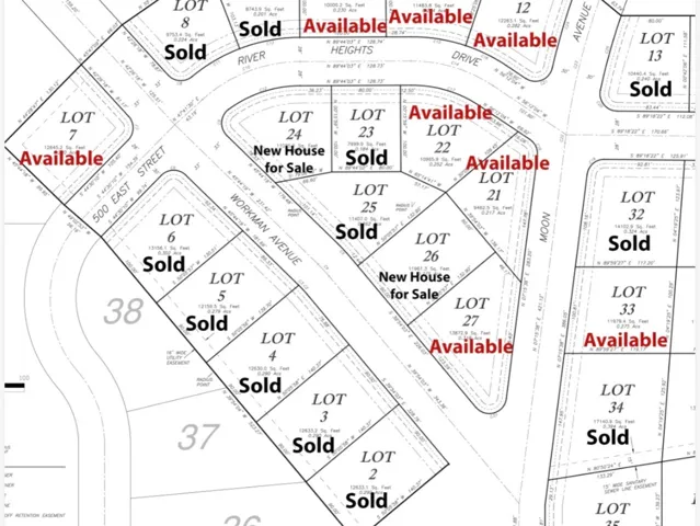 Plat Map. Illustrating lot boundaries, dimensions, and availability status for multiple properties