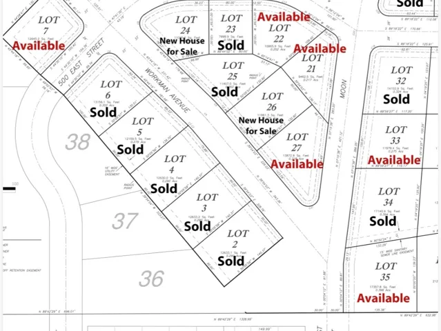 Plat Map. Illustrating lot boundaries, dimensions, and availability status for multiple properties