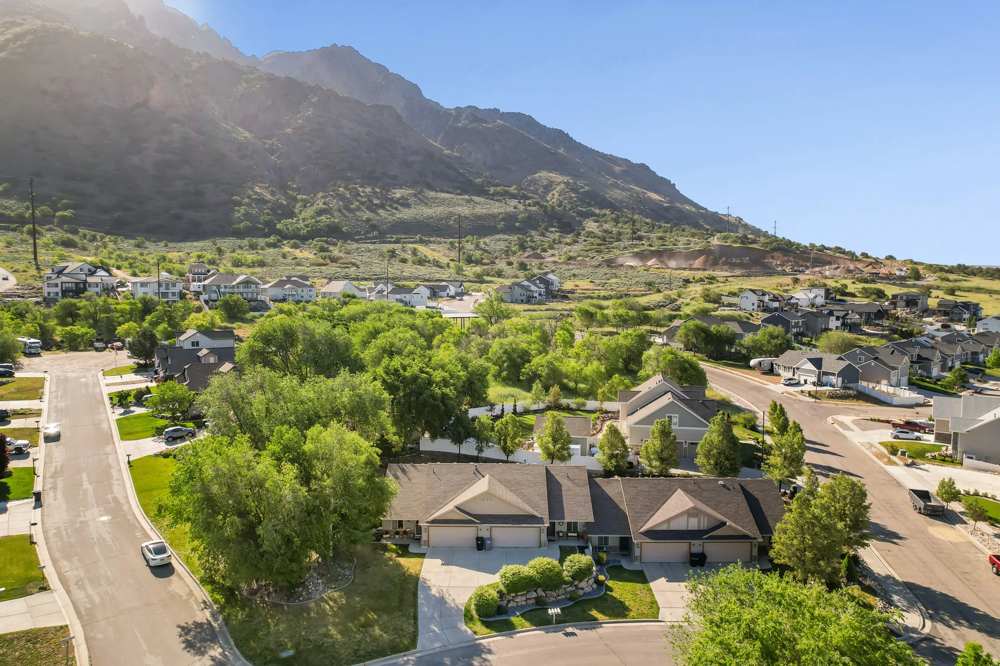 Aerial perspective showcasing a residential area with varied home styles and mature trees