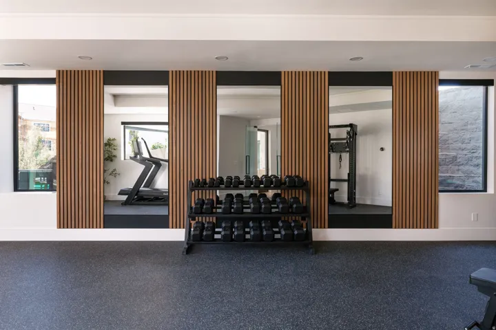 Dedicated fitness area featuring durable rubberized flooring and mirrored walls