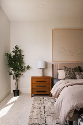 Recessed ceiling lighting illuminates a room featuring light-toned walls and plush carpeting