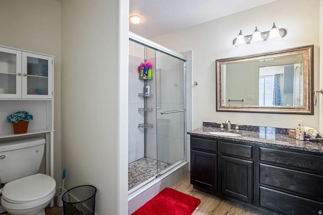 Bathroom featuring a dark wood-finish vanity with a stone countertop, an integrated sink, and a framed mirror