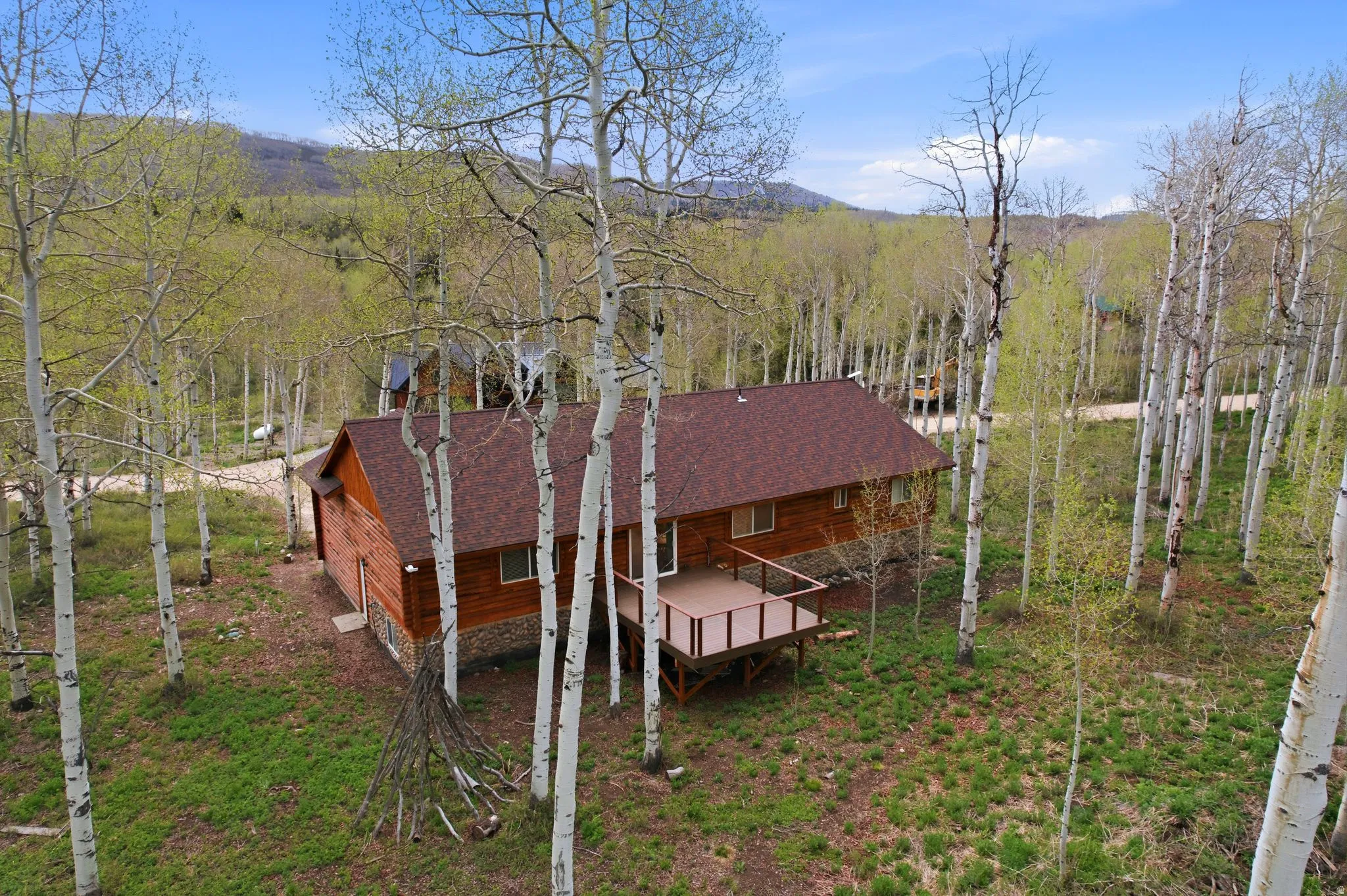 Cabin-style residence featuring a wood-panel exterior, stone-clad foundation, and a dark shingle roof