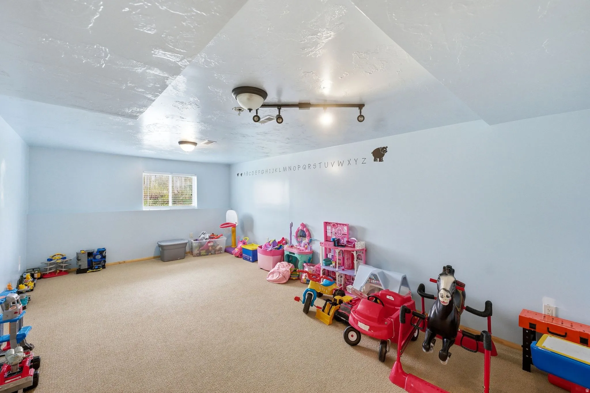 Spacious carpeted room featuring light blue walls, a textured ceiling, and a double window