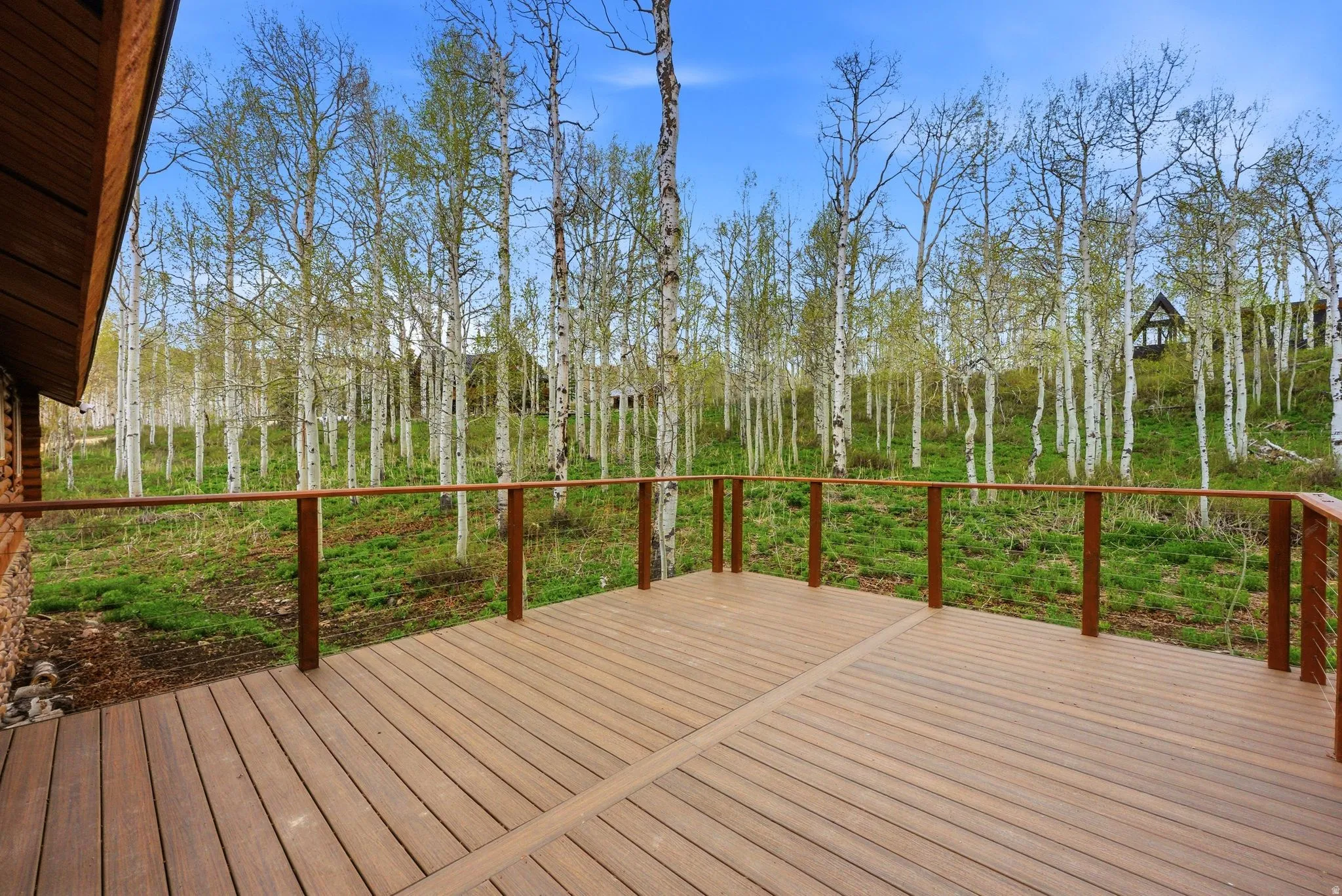 Spacious outdoor deck featuring wood-finish composite decking and a wood railing