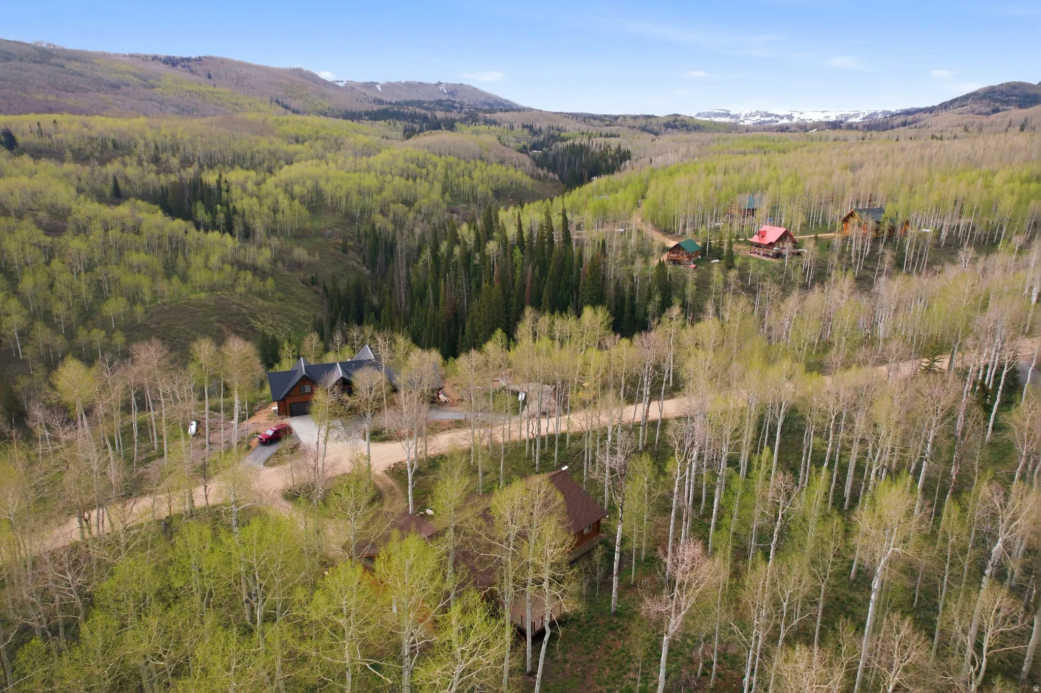Expansive mountainous terrain featuring a dense forest of deciduous trees