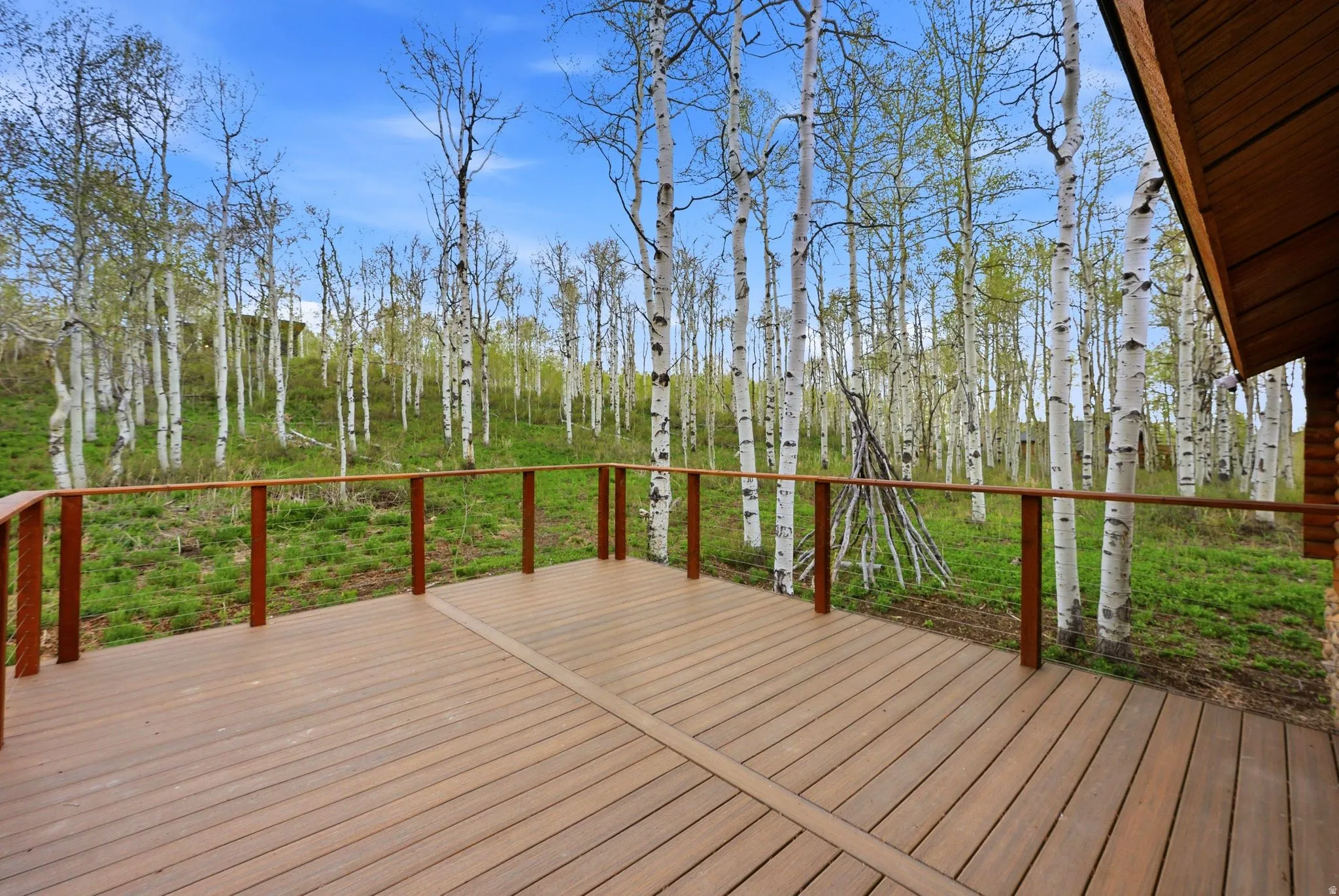 Expansive outdoor deck featuring wood-finish composite decking and a natural wood railing system