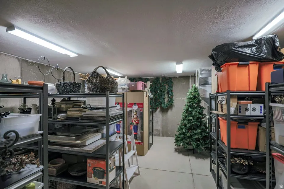 Utility room featuring concrete walls and flooring, overhead fluorescent lighting, and built-in metal shelving units