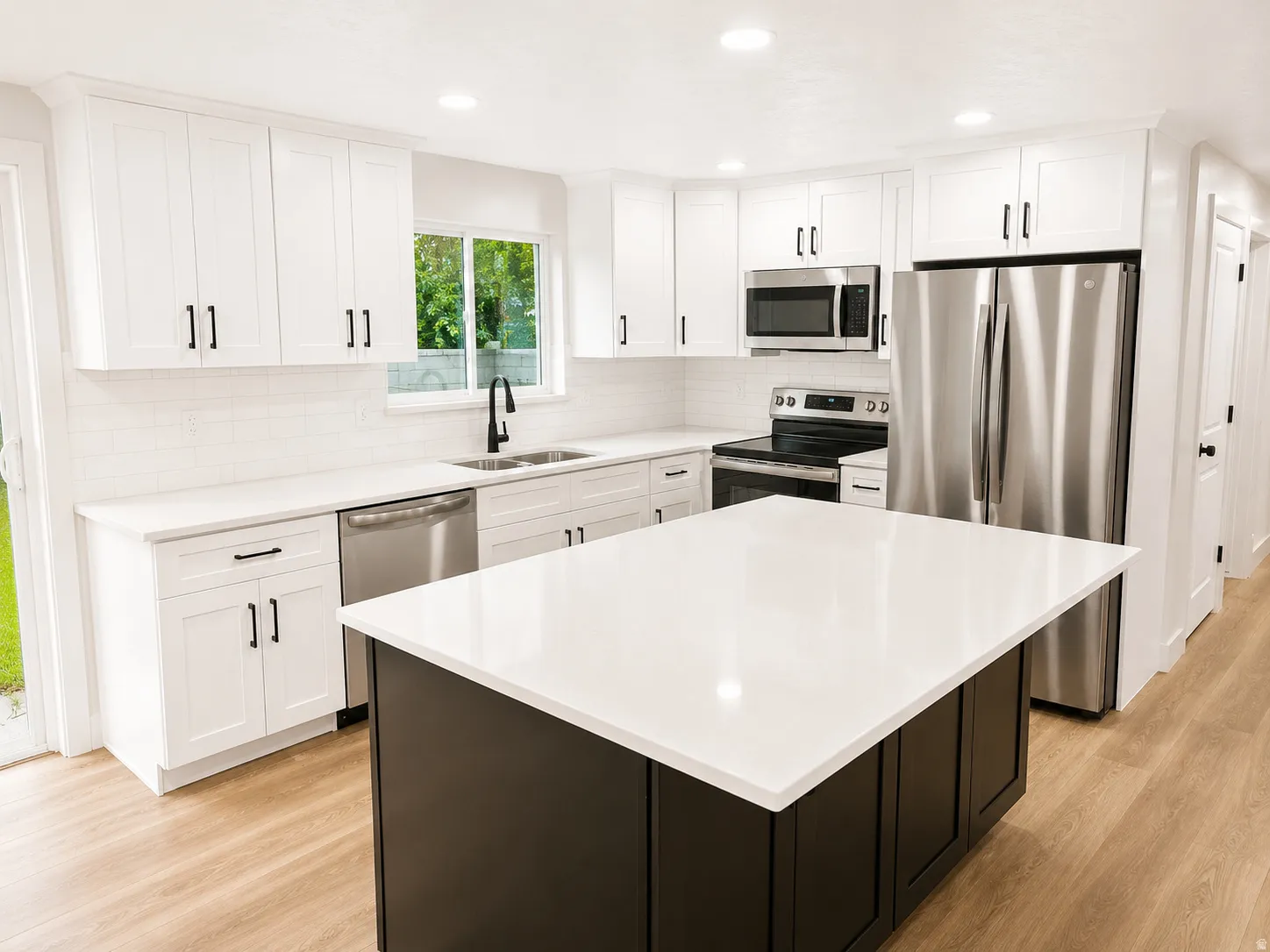 Modern kitchen featuring a central island with a white countertop and dark cabinetry