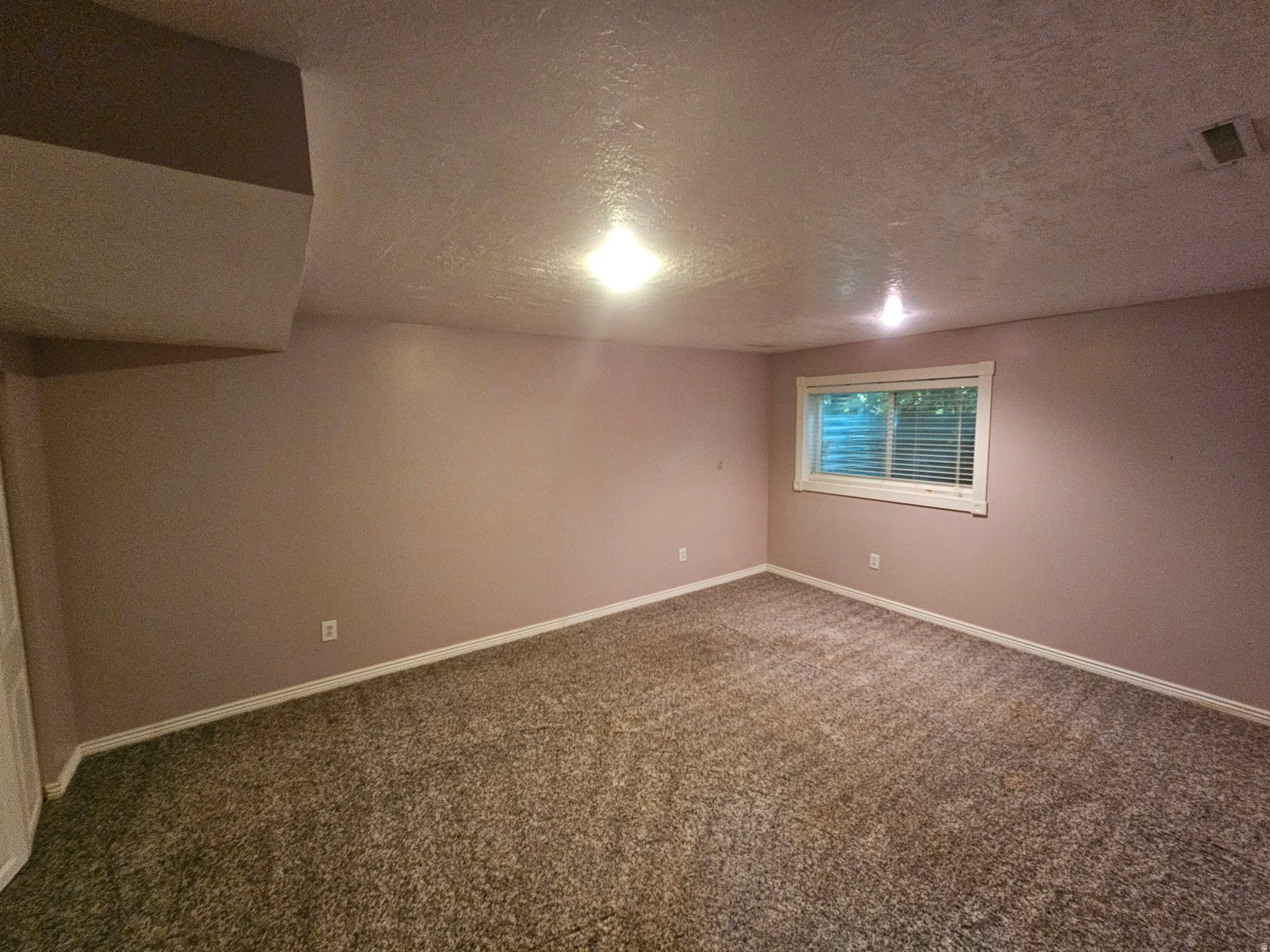 Carpeted room featuring a single window with blinds, ceiling-mounted light fixtures, and painted walls with white trim