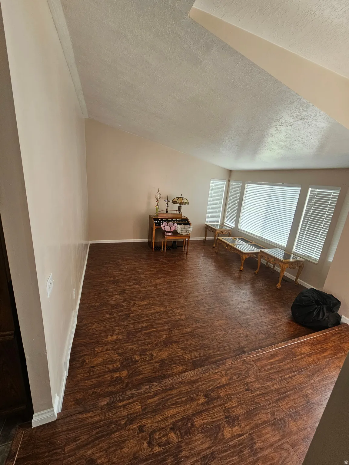 Spacious room featuring vaulted ceilings, wood-finish flooring, and multiple windows with blinds