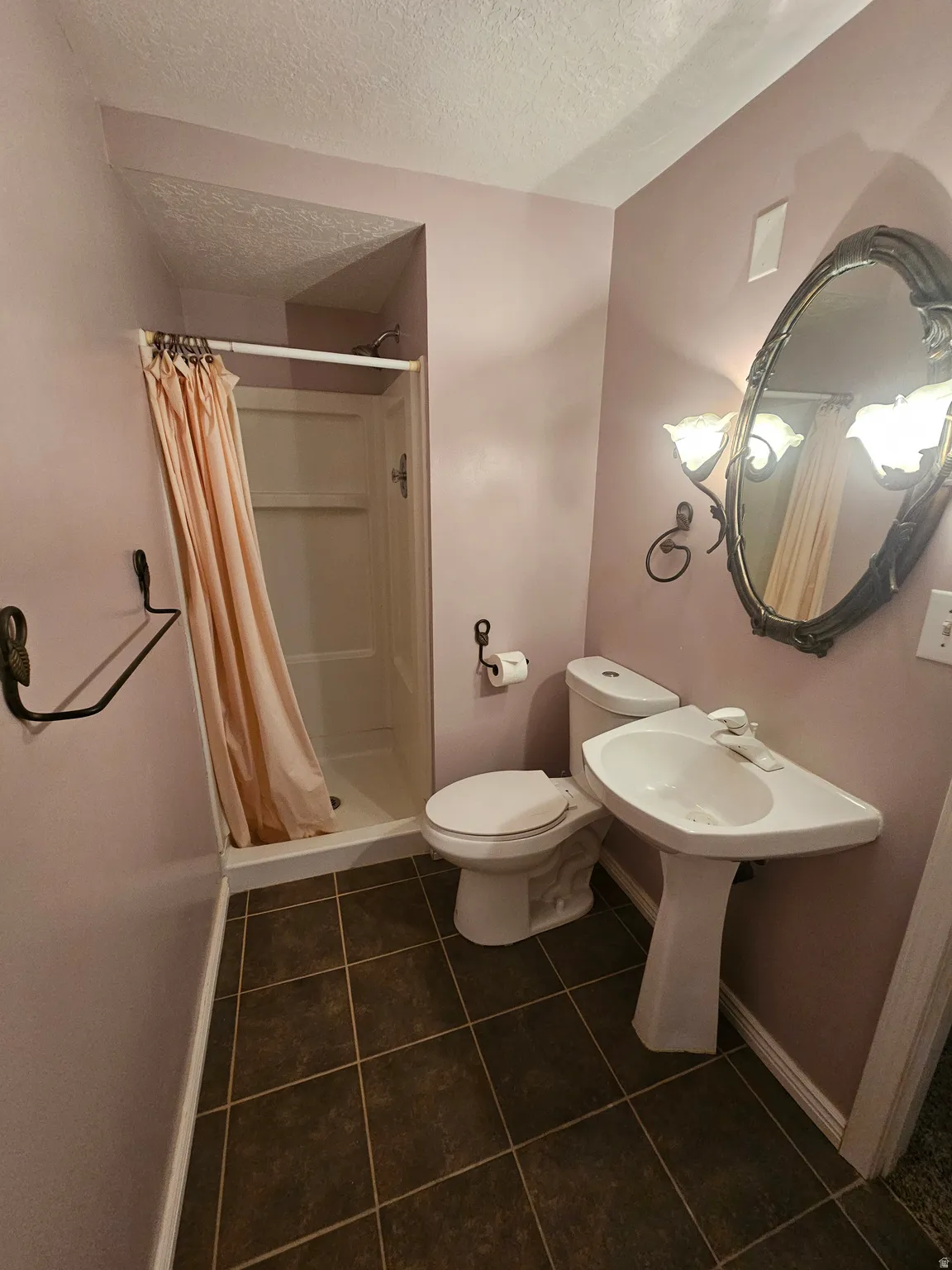 Bathroom featuring a pedestal sink, toilet, and a stand-up shower with a light-colored curtain