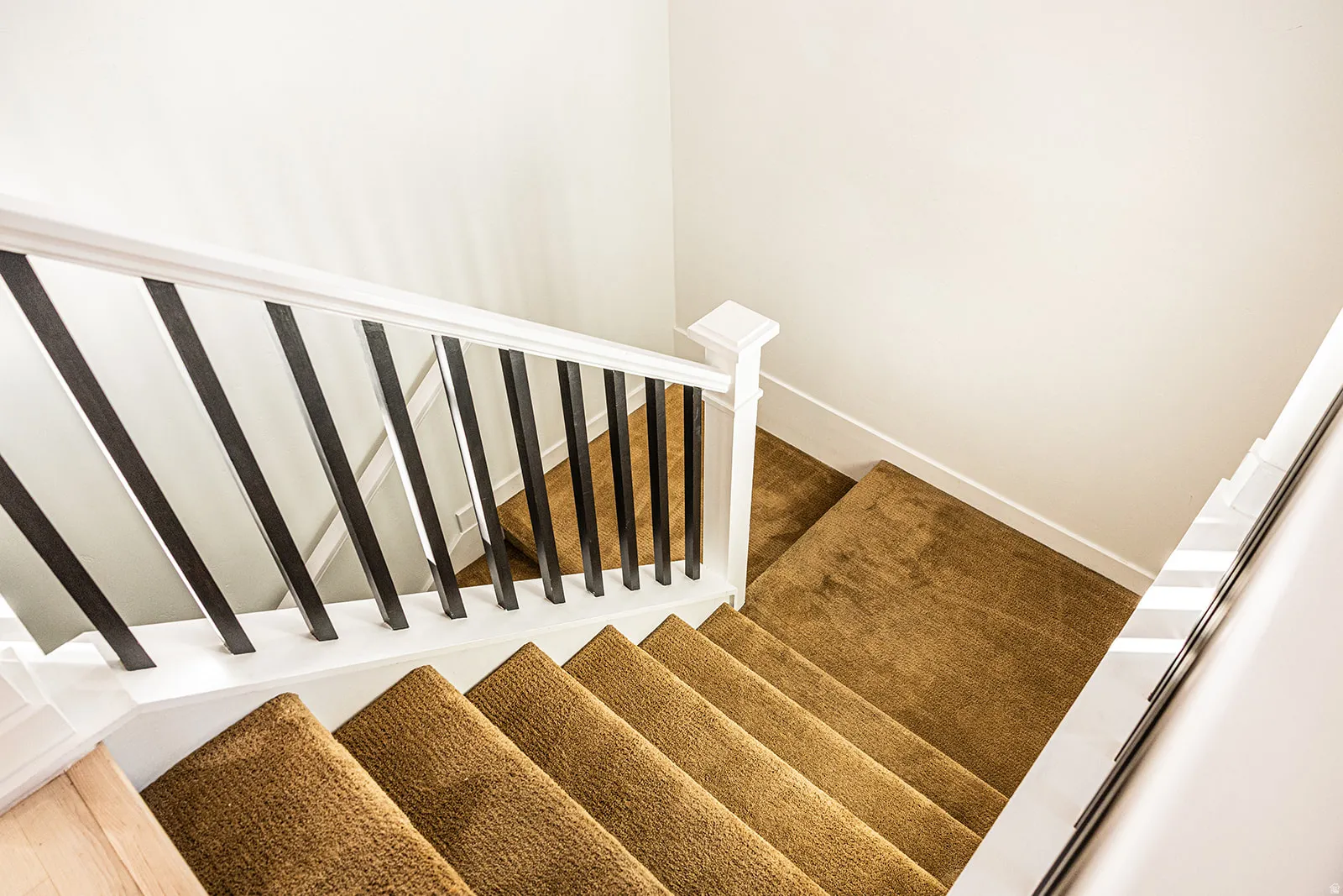Staircase featuring brown carpeted treads, white painted risers, and a white and black spindle railing system