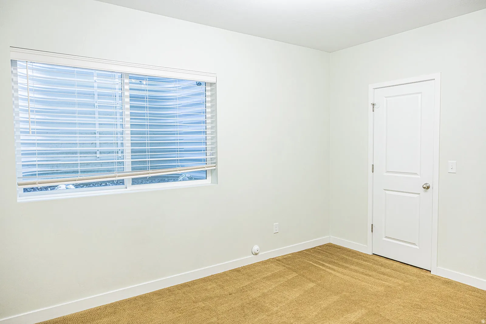 Interior space featuring a window with blinds, light-colored walls, carpet flooring, a white door with panel detailing, and a white baseboard trim