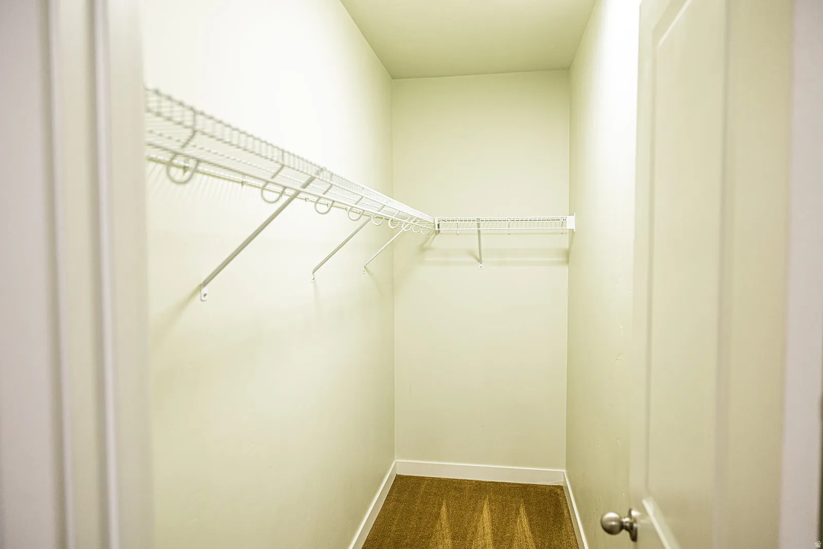 Recessed closet with built-in wire shelving, hanging rods, light-toned walls, white baseboards, and carpeted flooring