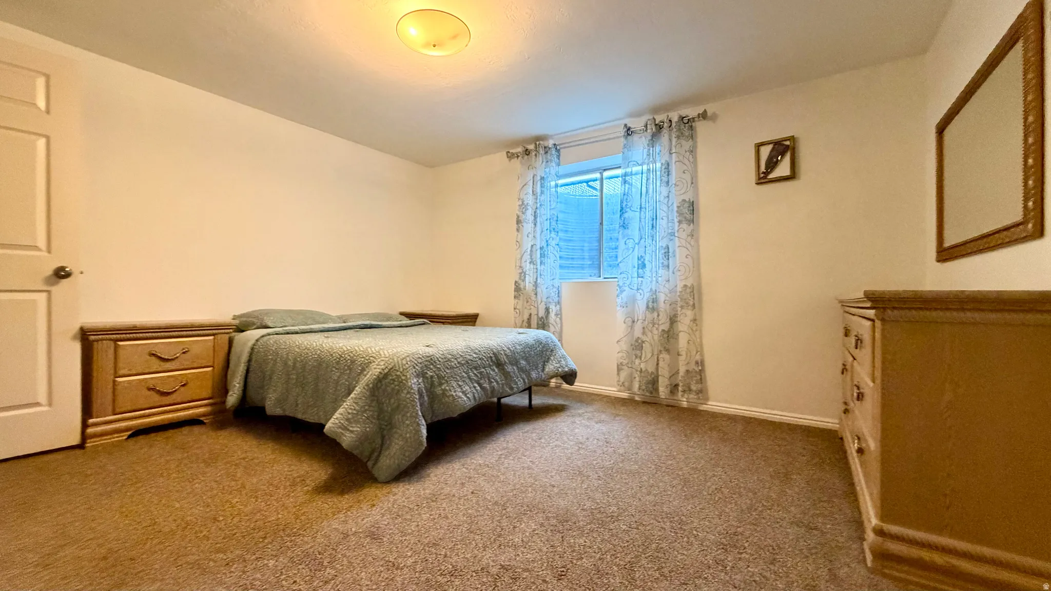 Carpeted room featuring a white door, a window with light-filtering curtains, and a ceiling-mounted light fixture
