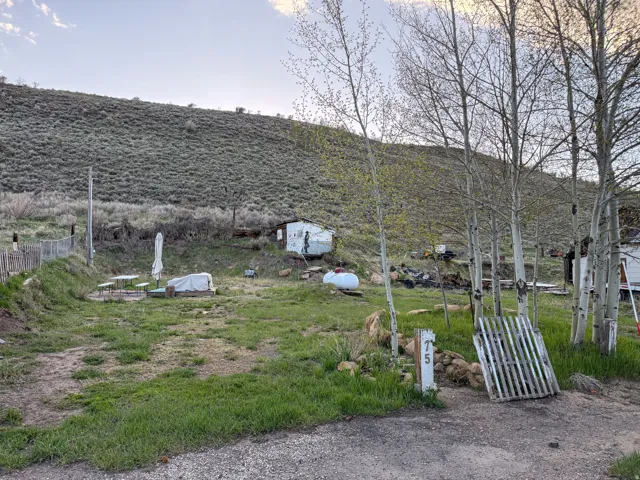 Expansive undeveloped land with a small structure and multiple mature trees, featuring a natural hillside backdrop