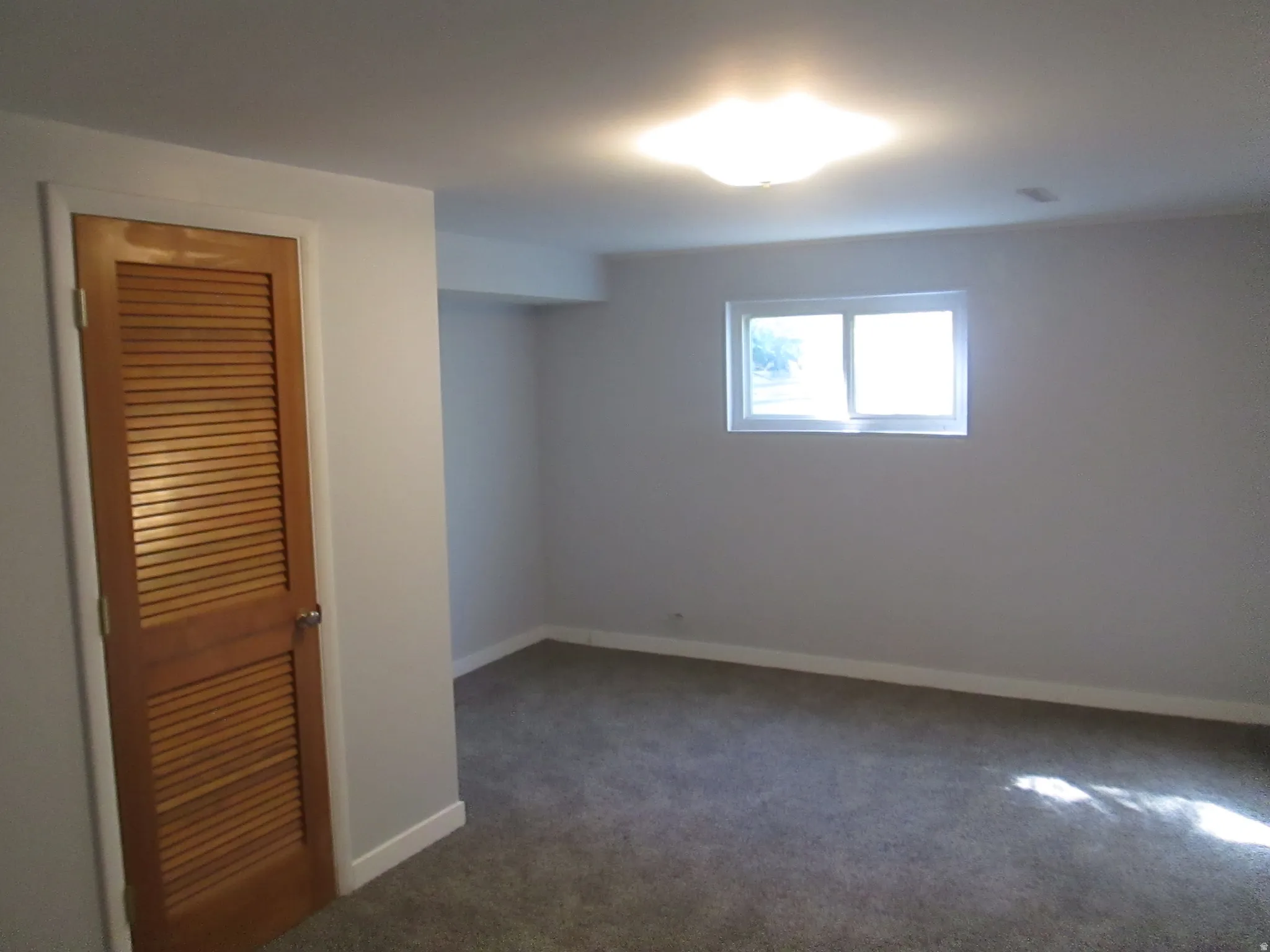 Neutral wall paint, gray carpet flooring, white trim, and a louvered door with a silver knob