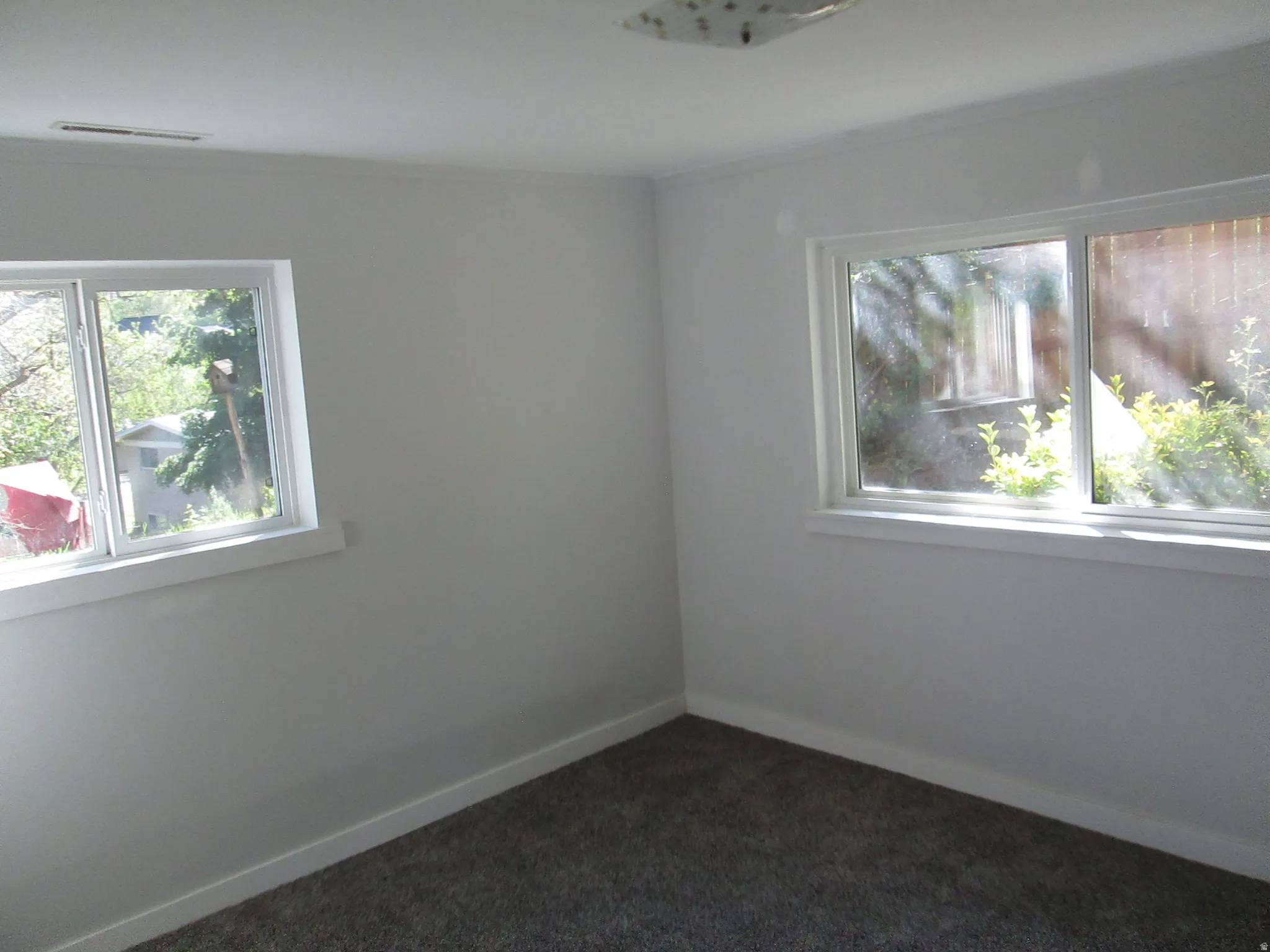 Bright interior space featuring two windows, neutral painted walls, white trim, and dark carpet flooring