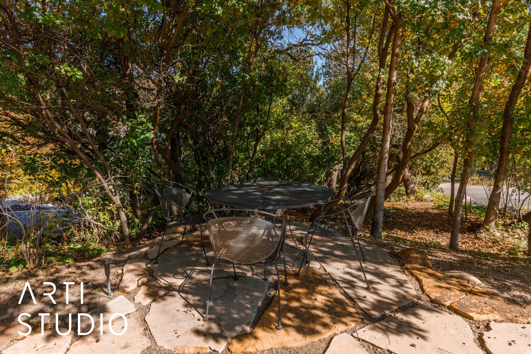 Stone patio surrounded by mature trees