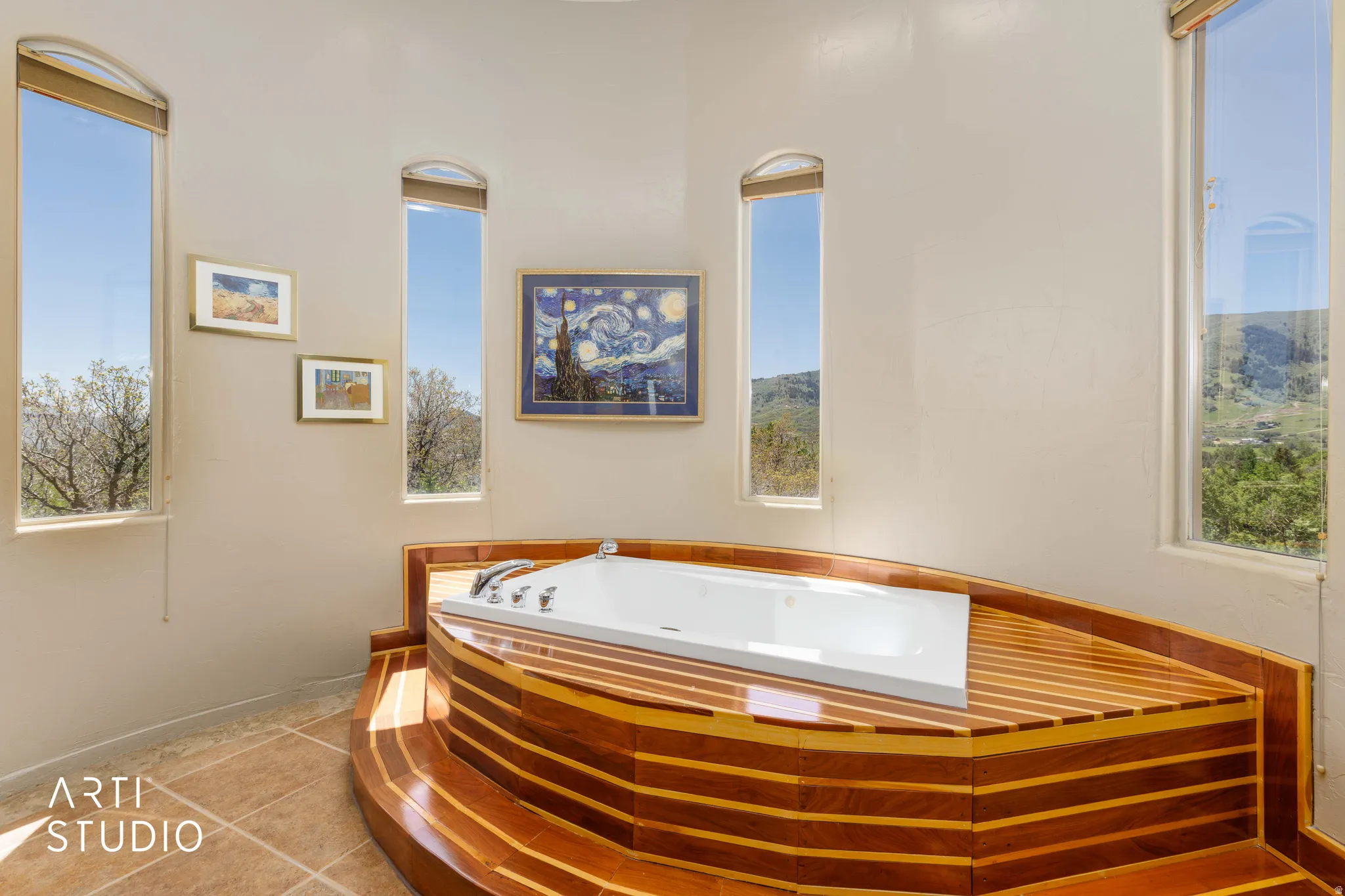 Soaking tub with integrated wood-finish surround