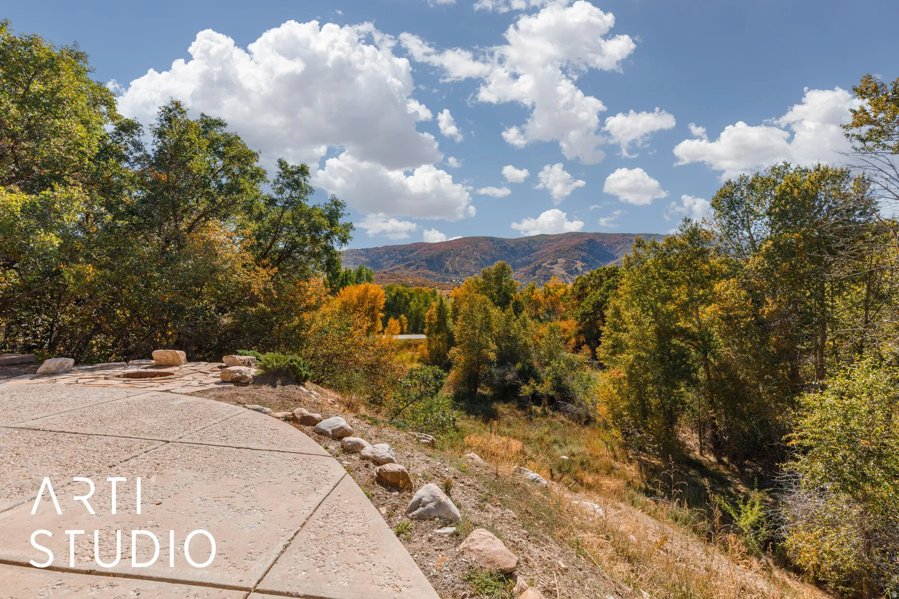 Expansive concrete patio area with natural stone accents, surrounded by mature trees showcasing seasonal foliage