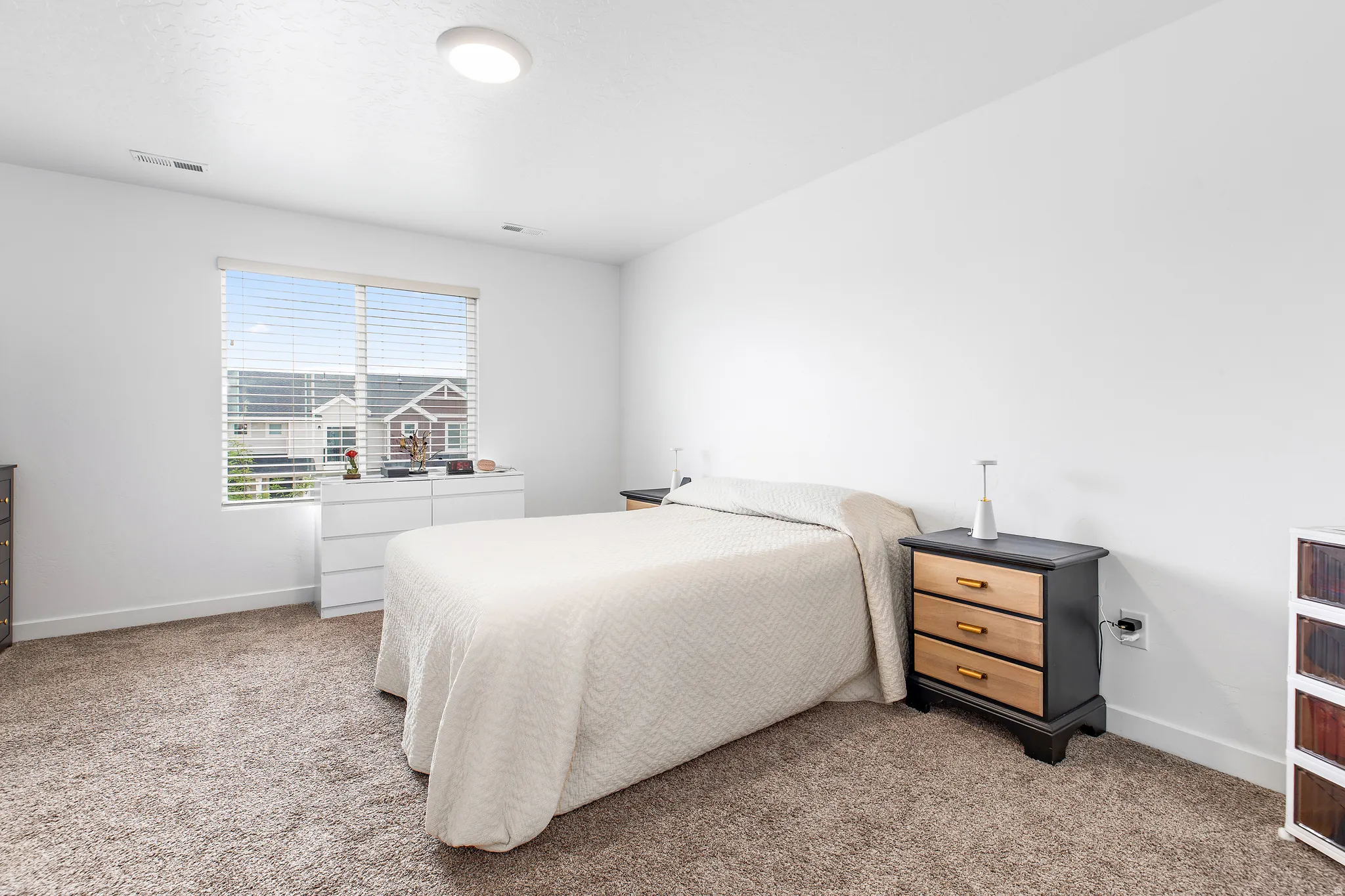 Bright bedroom featuring a large window with horizontal blinds, neutral-toned carpet flooring, white walls, and a flush-mount ceiling light fixture
