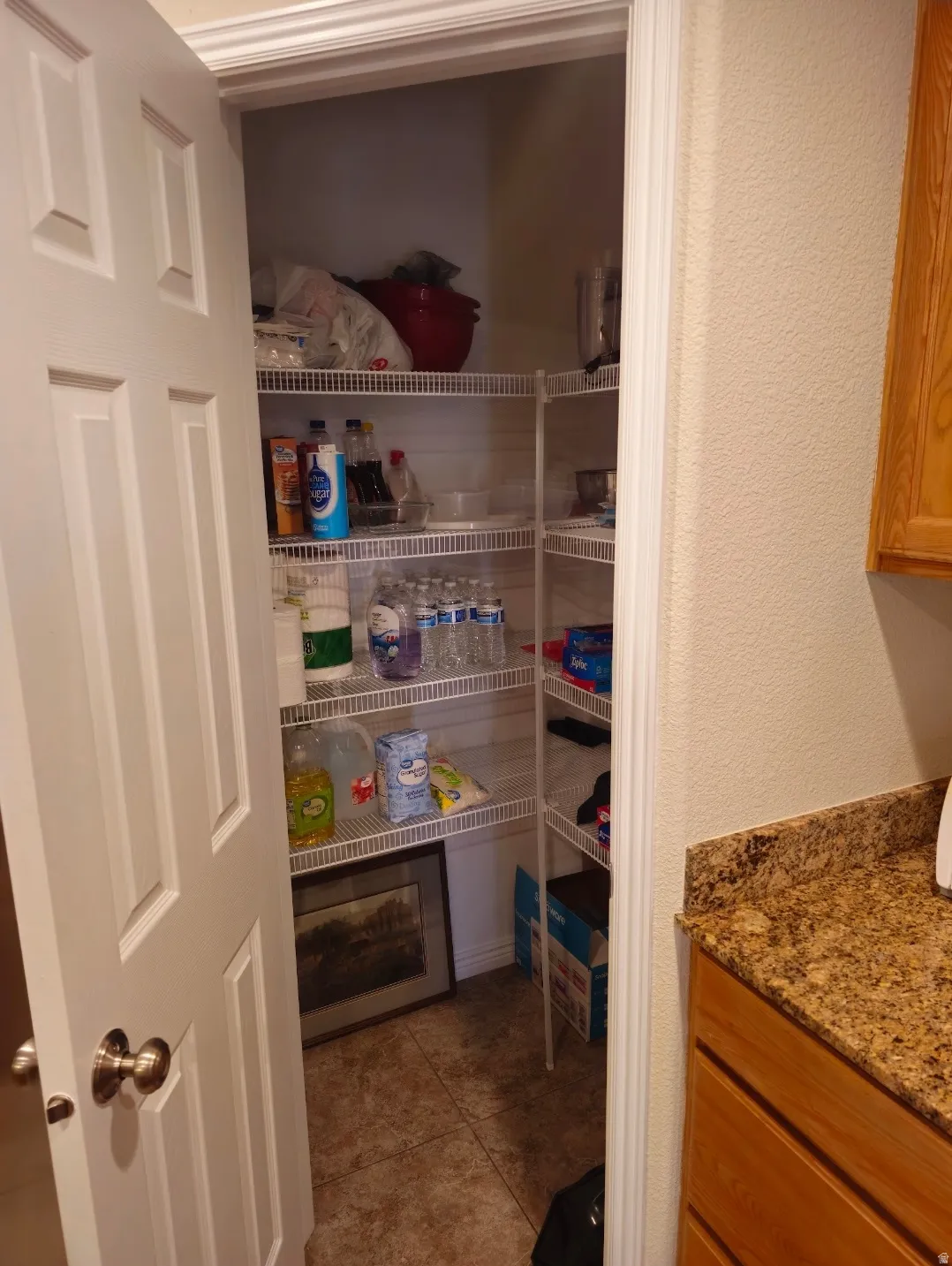 Walk-in pantry featuring wire shelving and tiled flooring