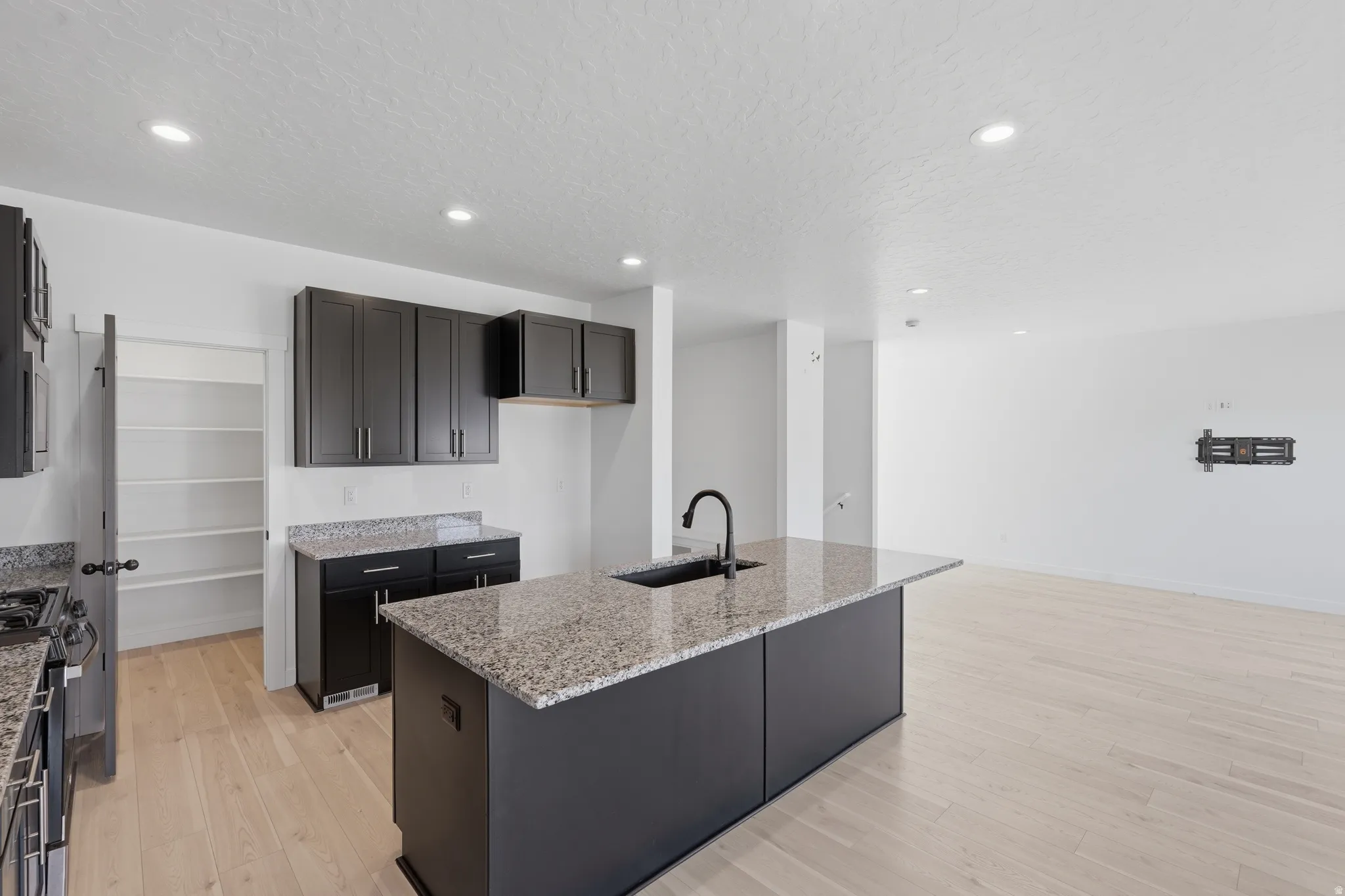 Modern kitchen featuring dark cabinetry, speckled countertops, a center island with an undermount sink, and light wood-finish flooring