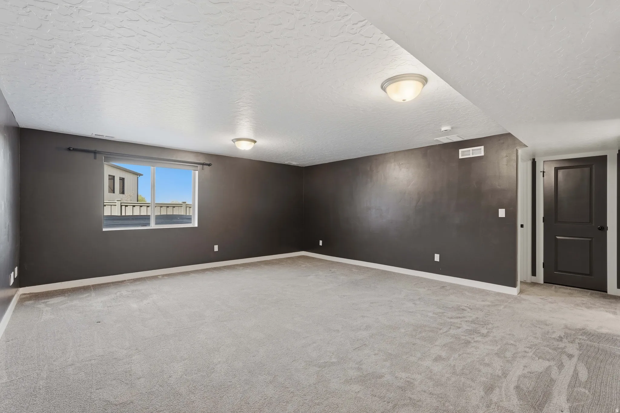 Spacious room featuring neutral gray carpeting, a large window with white trim, dark painted walls, and two flush-mount ceiling lights