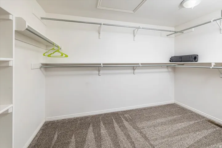 Walk-in closet featuring built-in shelving, hanging rods, and neutral carpet flooring