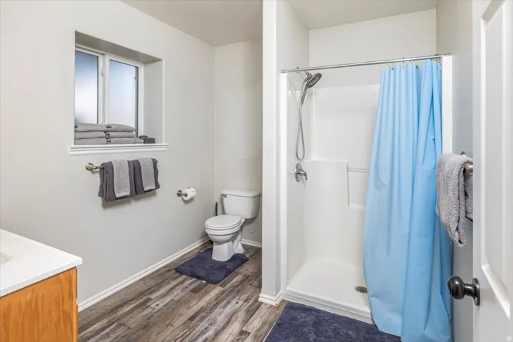 Bathroom featuring a walk-in shower with a chrome shower head and controls, a single toilet, a vanity with wood-finish cabinetry and a light-colored countertop, and wood-finish flooring