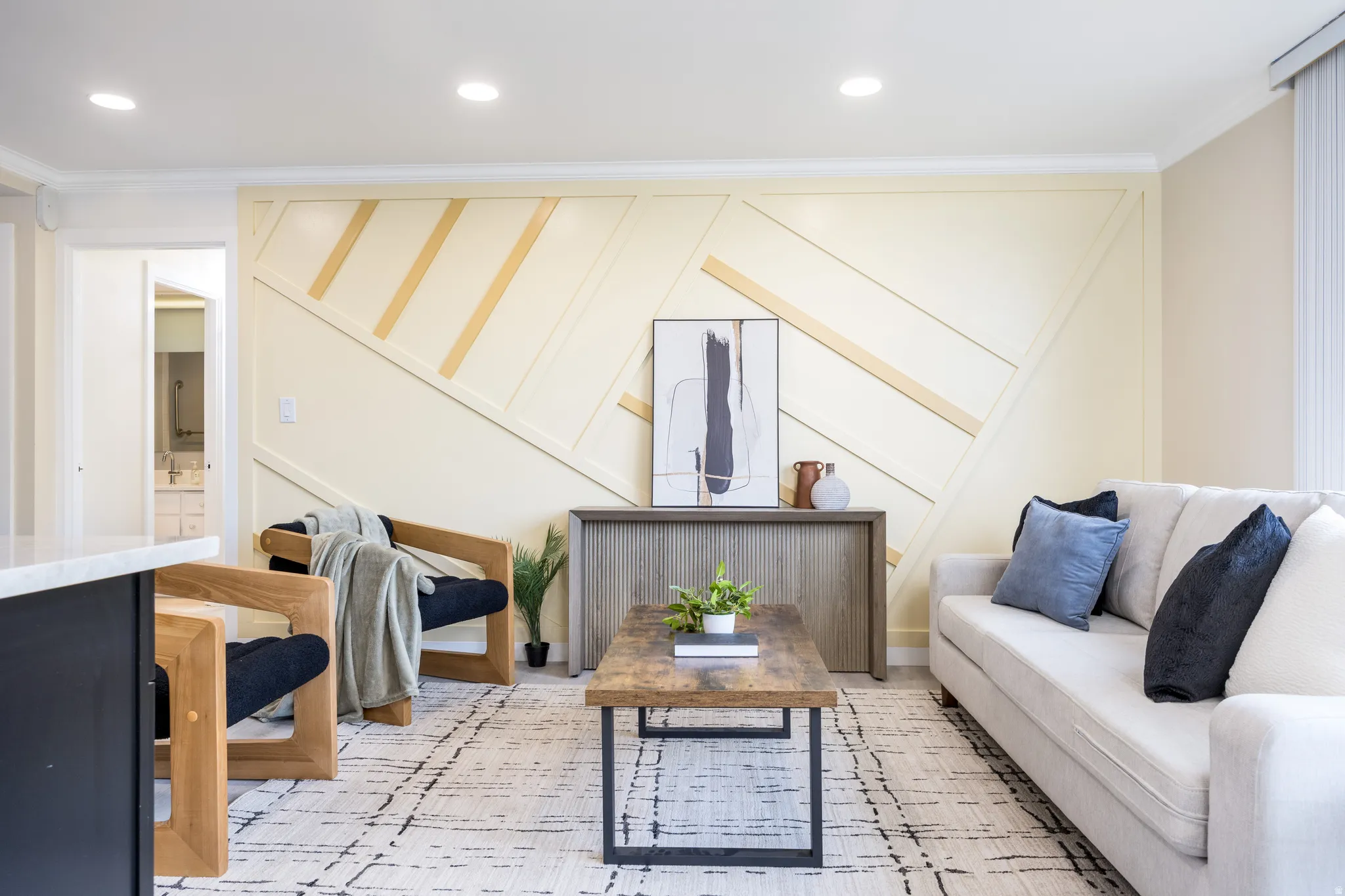 Accent wall with geometric wood paneling
