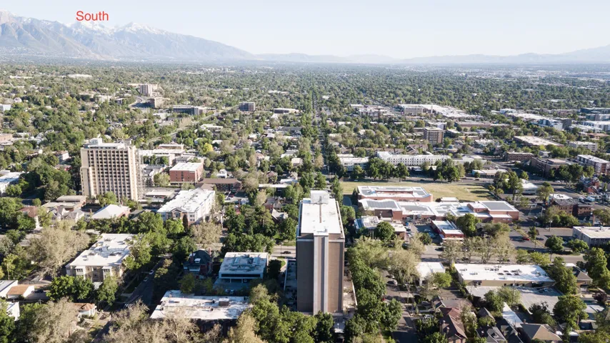 Expansive urban landscape featuring a dense tree canopy, a prominent high-rise building with a flat roof, and distant snow-capped mountains