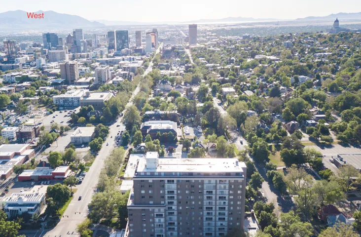 Aerial perspective of a metropolitan area featuring a dense urban core and surrounding residential neighborhoods