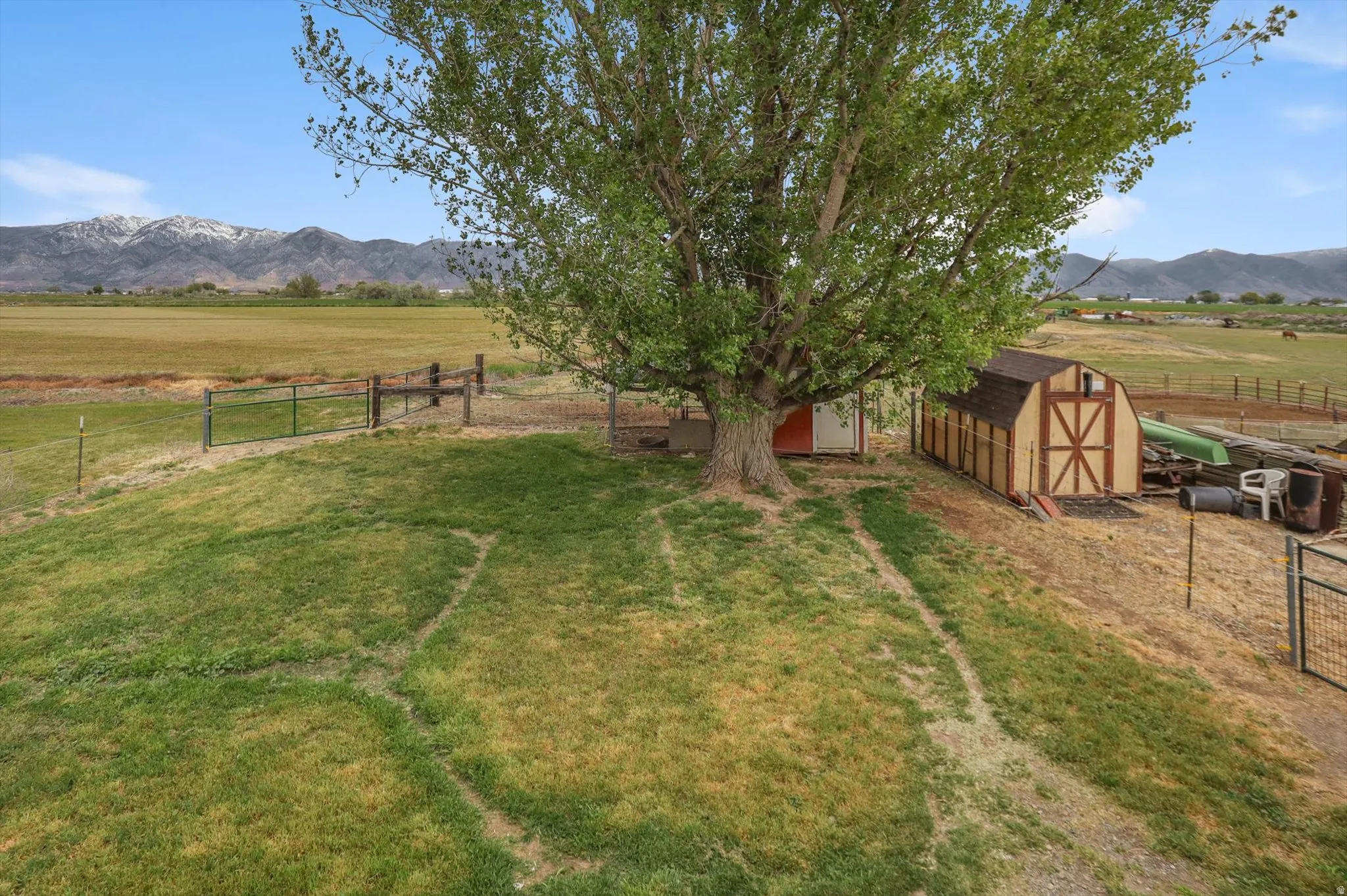 Expansive grounds featuring a mature tree, a red storage shed, a two-tone barn with a gambrel roof, and a field extending to distant mountains