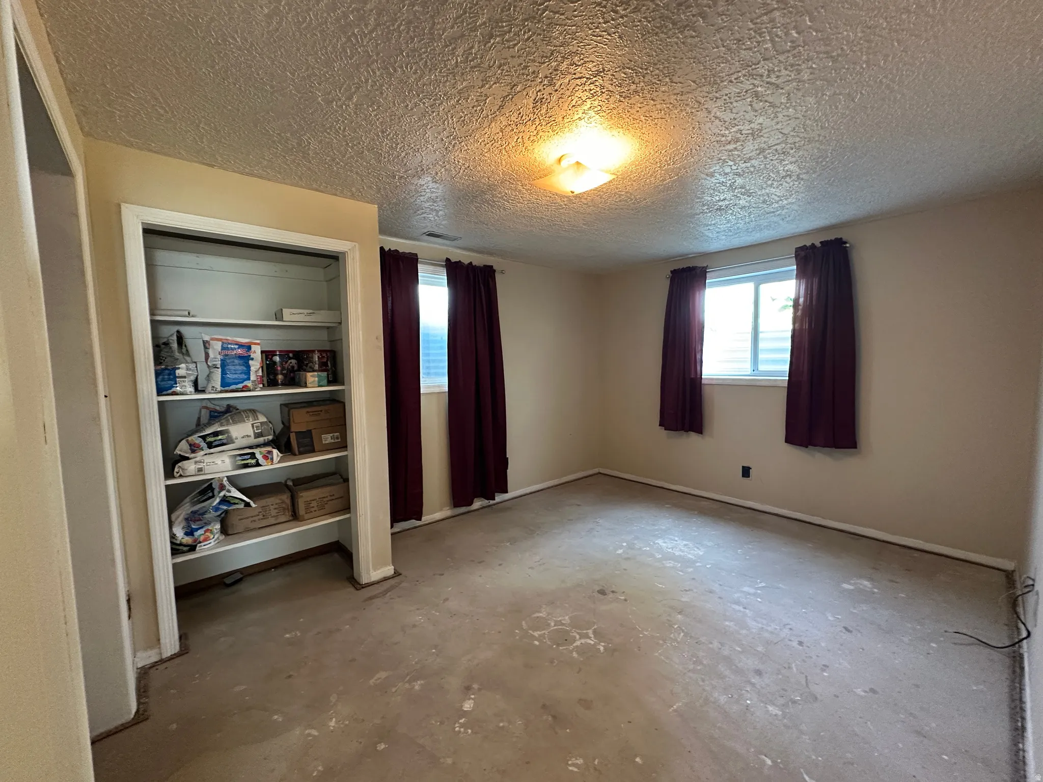 Room featuring an exposed concrete subfloor, built-in shelving, two windows, and overhead lighting