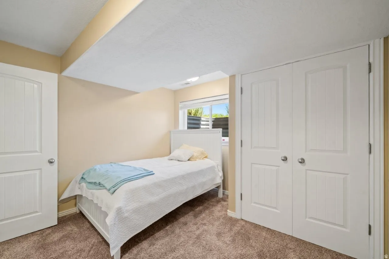 Neutral-toned room with plush carpet flooring, white trim, and a window providing natural light
