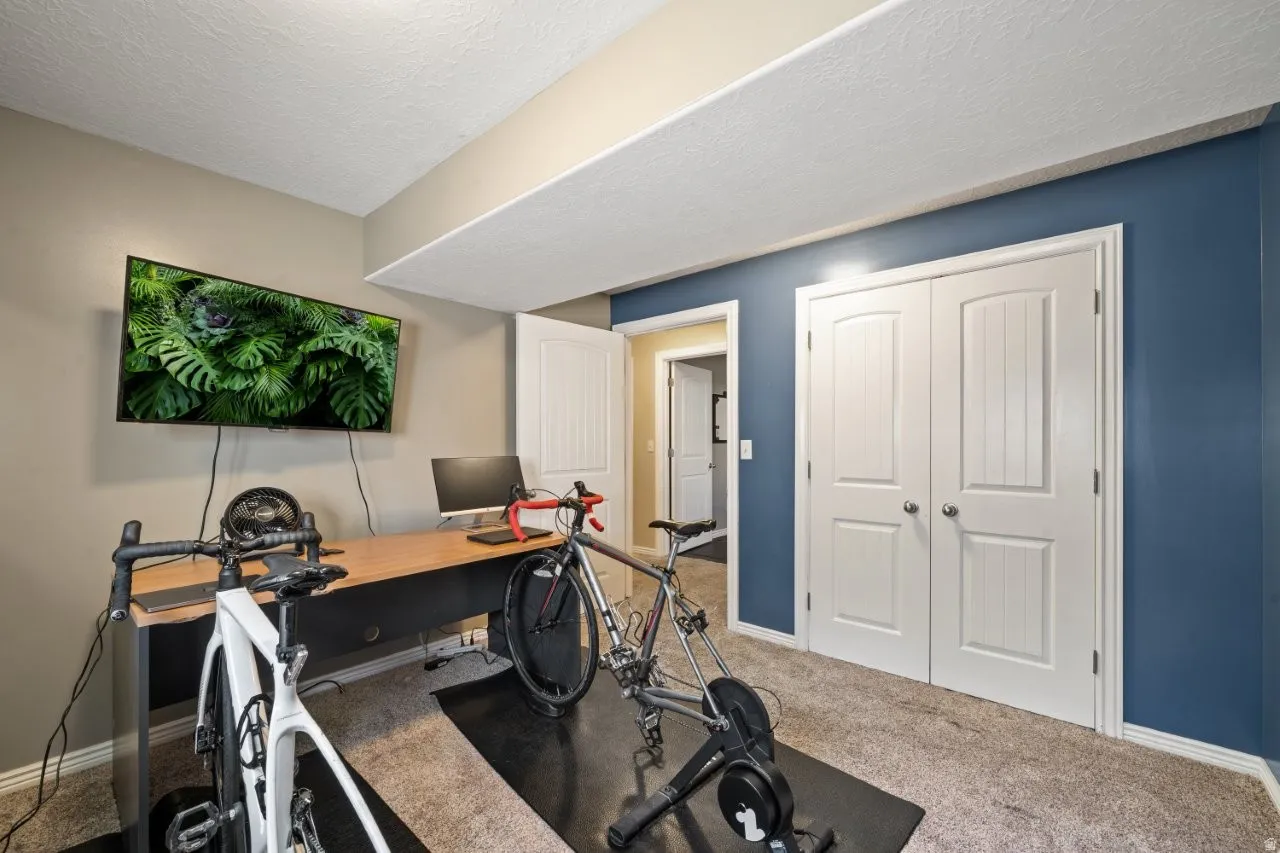 Versatile room featuring plush carpeting, a built-in wood-finish desk, and a mounted television