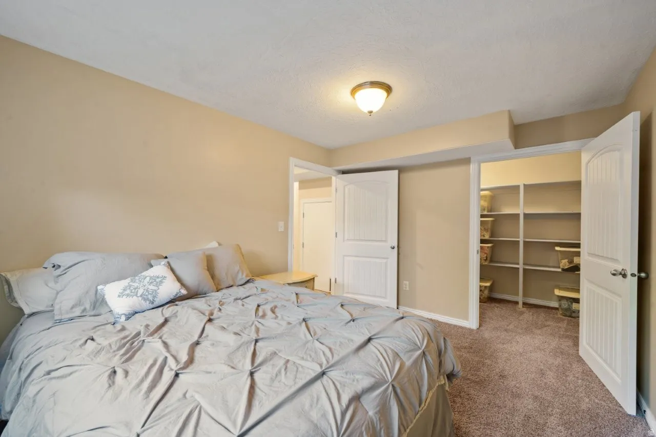 Carpeted bedroom featuring light beige wall paint and a flush-mount ceiling light fixture