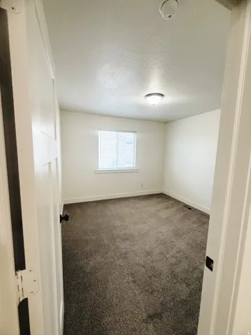 Carpeted interior room featuring a window with blinds, white walls, and a ceiling-mounted light fixture