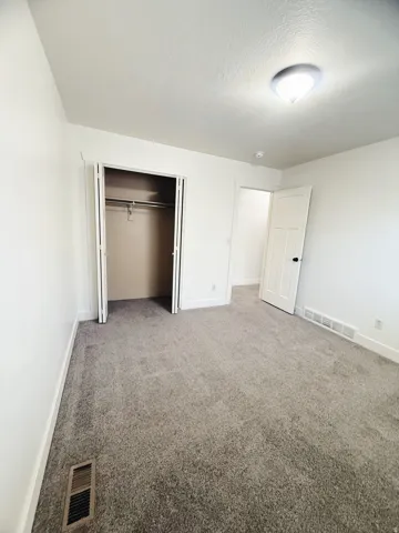 Spacious room featuring plush gray carpeting, white painted walls, a built-in closet with hanging rod, a white paneled door, and a flush-mount ceiling light fixture
