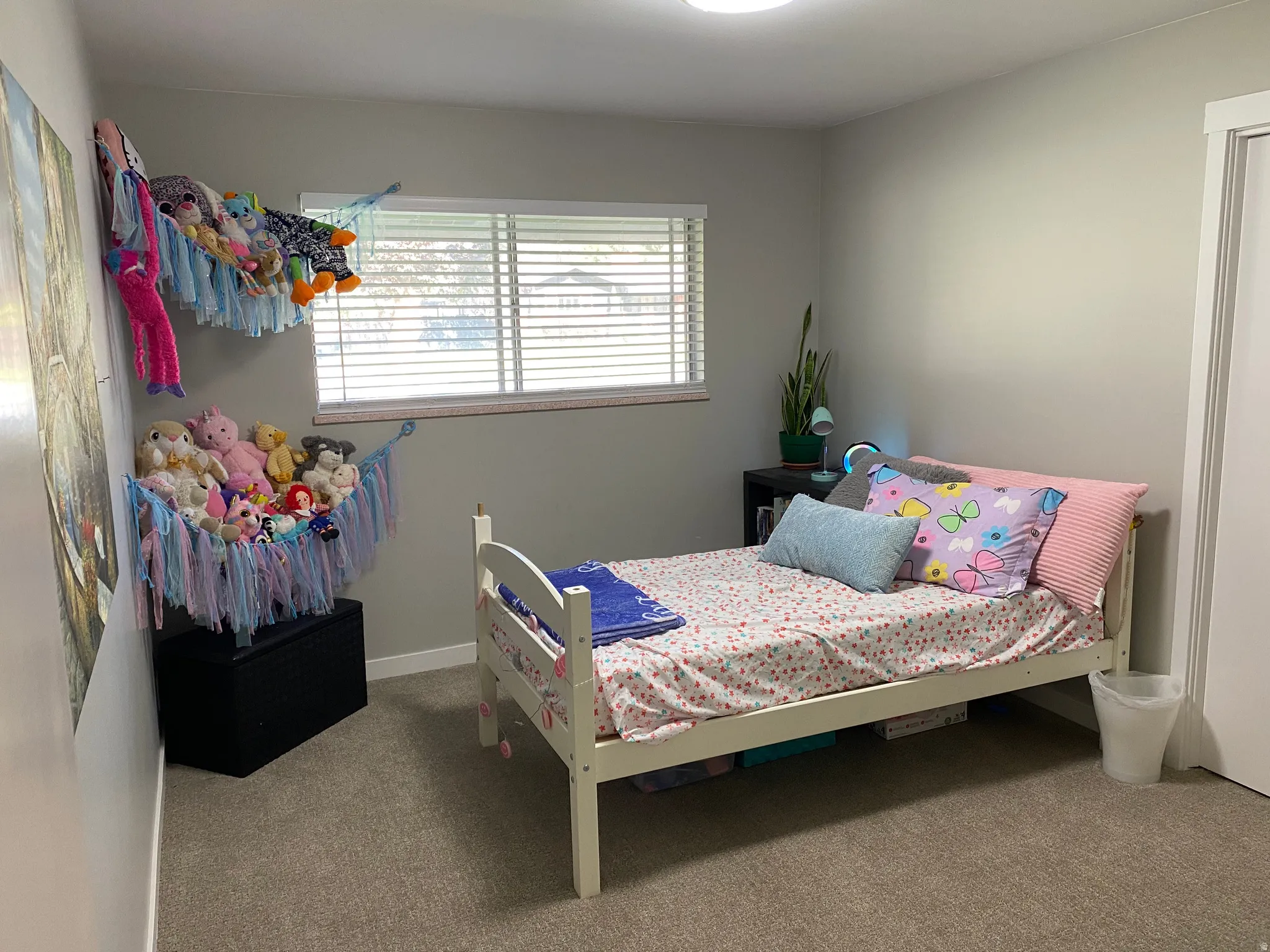 Carpeted room featuring light gray walls and a single window with horizontal blinds